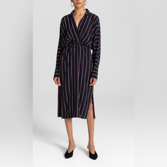 A.L.C 100% Silk Nico Surplice Stripe Collared Midi Dress Size 8 - Picture 1 of 11